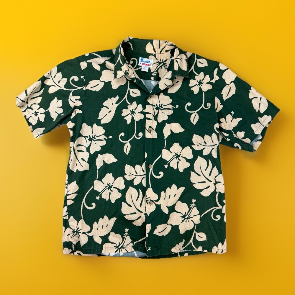 Vintage Hawaiian Aloha Shirt Men's XL Green Tan Floral Beach Camp Vacation